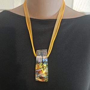 Multicolor Abstract Dichroic Glass Fusion Statement Pendant 2.75" Necklace 9"